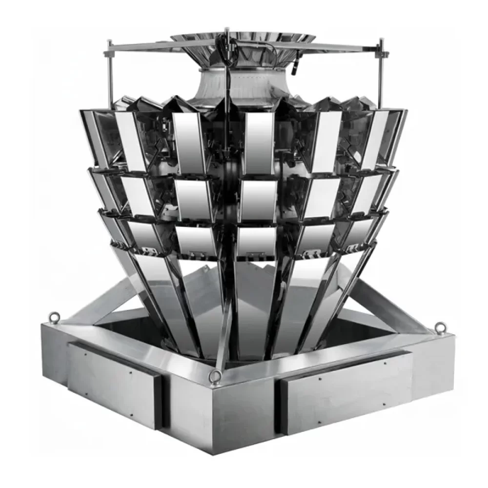 Seval 16-päinen ruostumattomasta teräksestä valmistettu monipäävaaka teolliseen suurnopeuspunnitukseen. Laitteessa on monitasoinen suppilorakenne ja vankka jalusta.