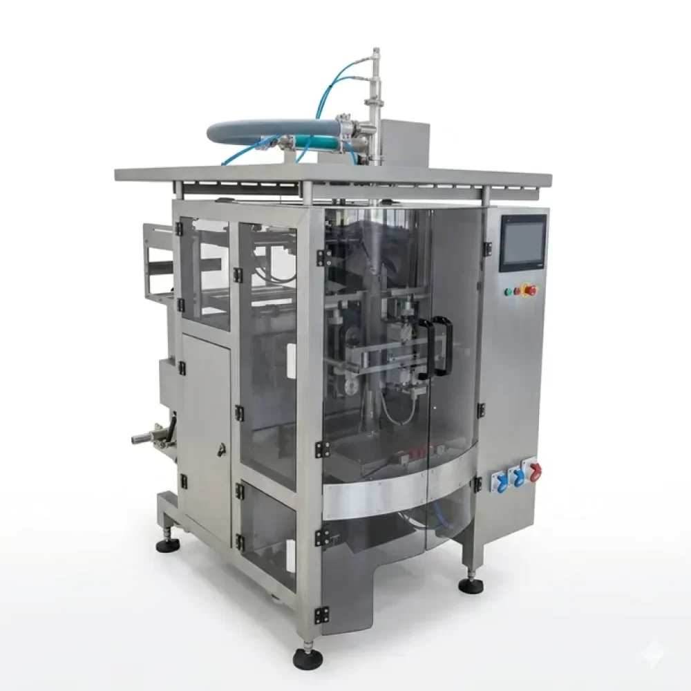 Kompakti Seval S-500 pystypakkauskone. Ruostumattomasta teräksestä valmistettu automaattinen pussituskone pienten ja keskisuurten pakkausten täyttöön.